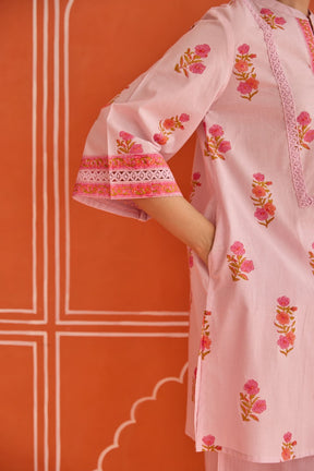Blush Pink Floral Hand Block Print Co - ord Set - Tara - C - Tara