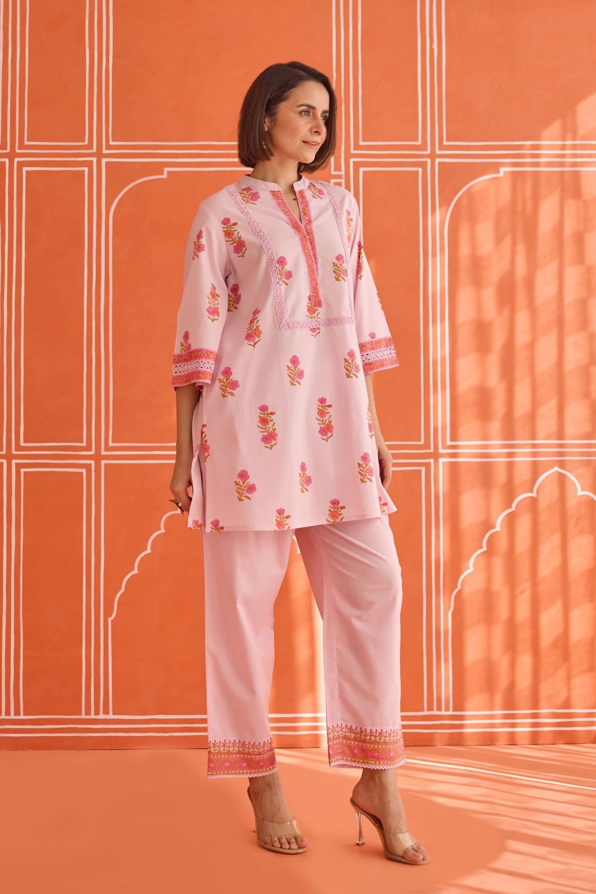 Blush Pink Floral Hand Block Print Co - ord Set - Tara - C - Tara