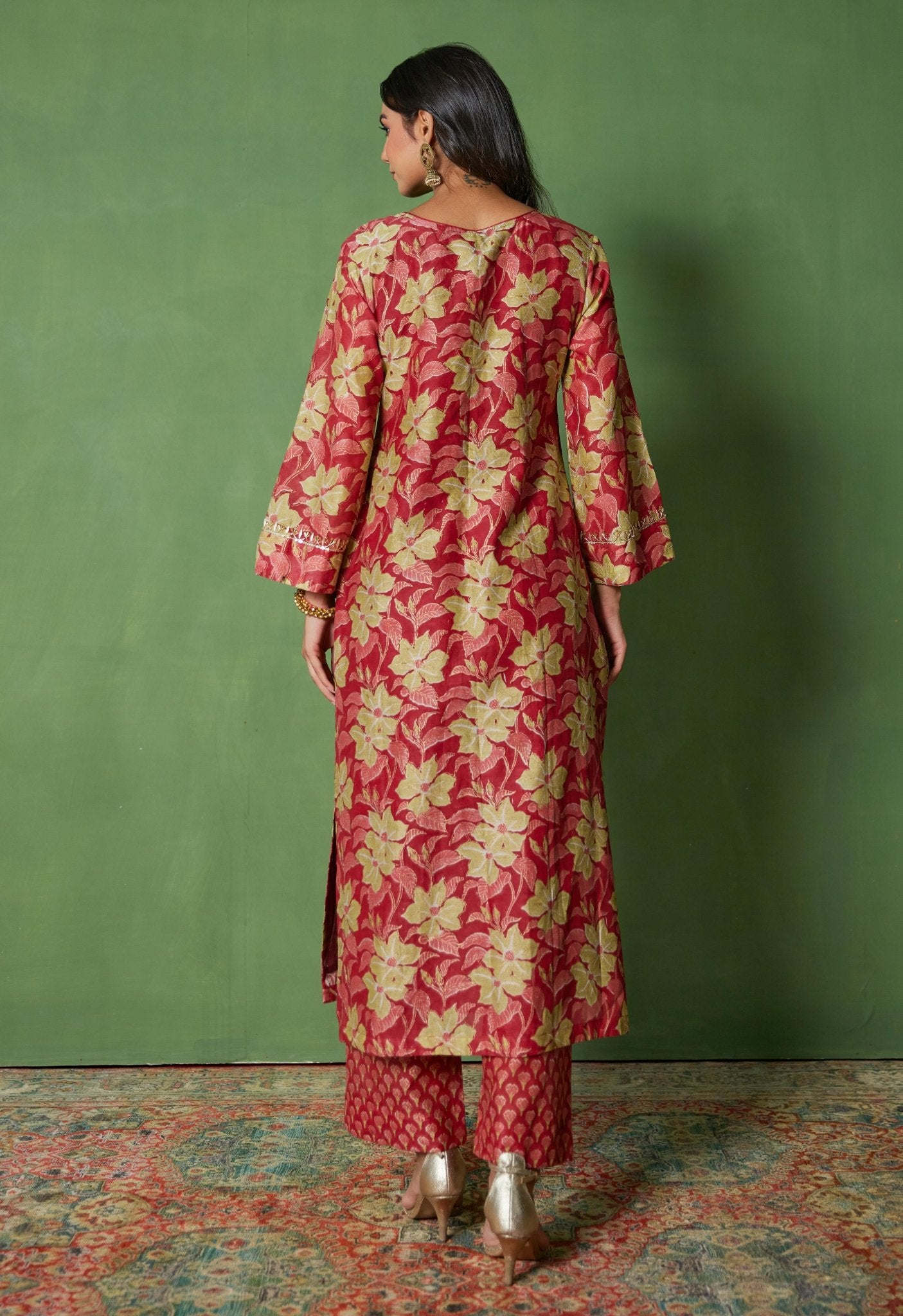 Bold and Beautiful: Red Handblock Print Suit with Cut Dana and Lace Accents - Tara - C - Tara