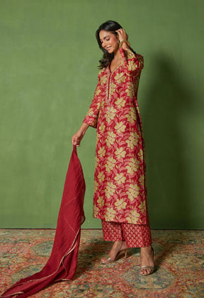 Bold and Beautiful: Red Handblock Print Suit with Cut Dana and Lace Accents - Tara - C - Tara