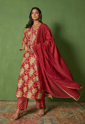 Bold and Beautiful: Red Handblock Print Suit with Cut Dana and Lace Accents - Tara - C - Tara