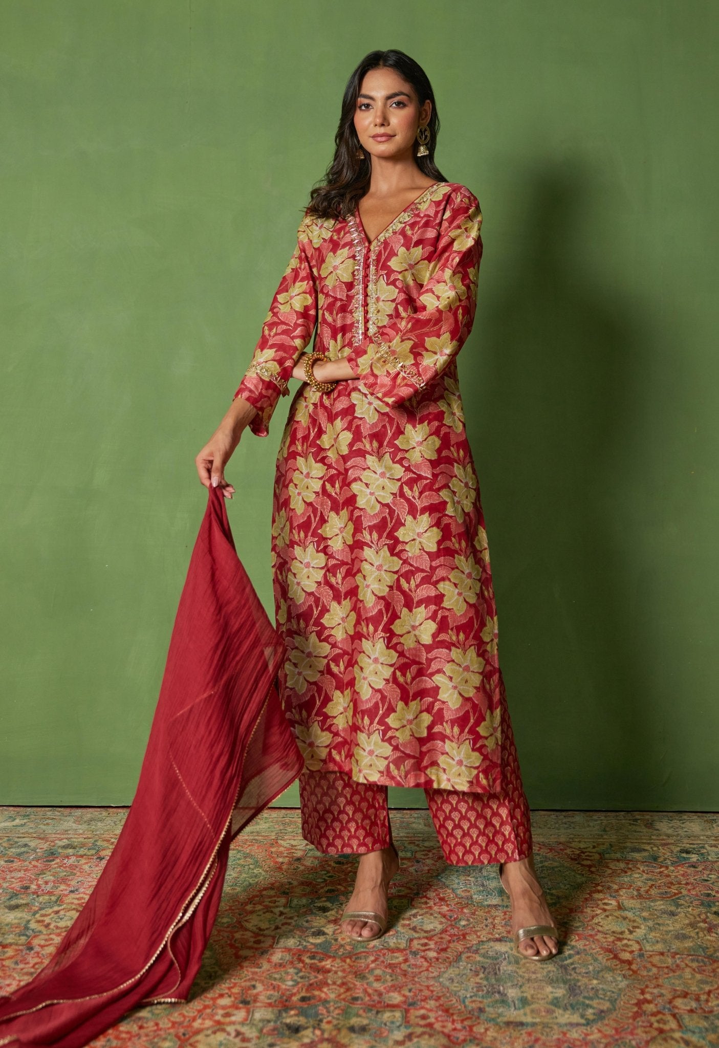 Bold and Beautiful: Red Handblock Print Suit with Cut Dana and Lace Accents - Tara - C - Tara