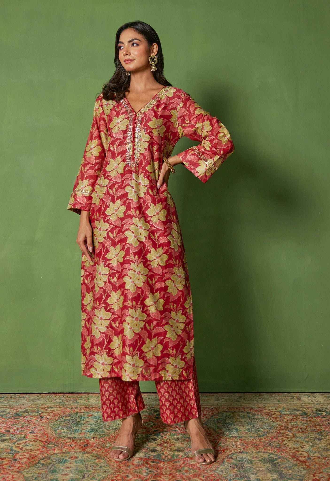 Bold and Beautiful: Red Handblock Print Suit with Cut Dana and Lace Accents - Tara - C - Tara