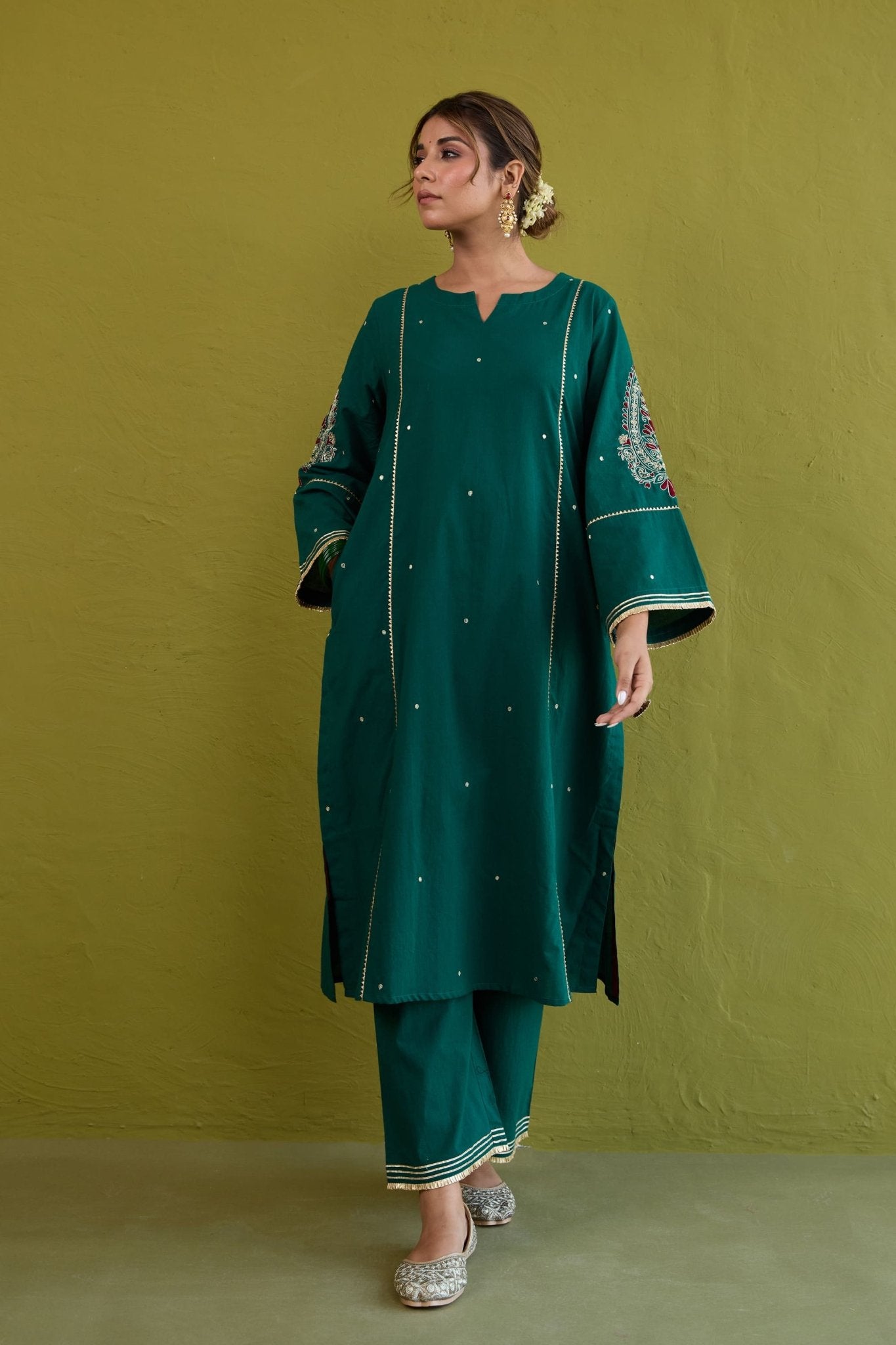 Bottle Green Sequin-Embellished Co-ord Set - Tara-C-Tara