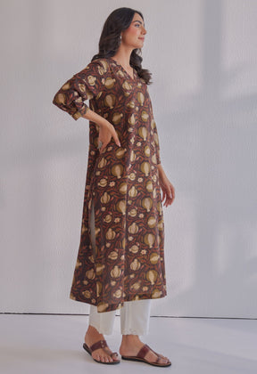 Brown Jahota Hand Block Printed Cotton Kurta - Tara - C - Tara