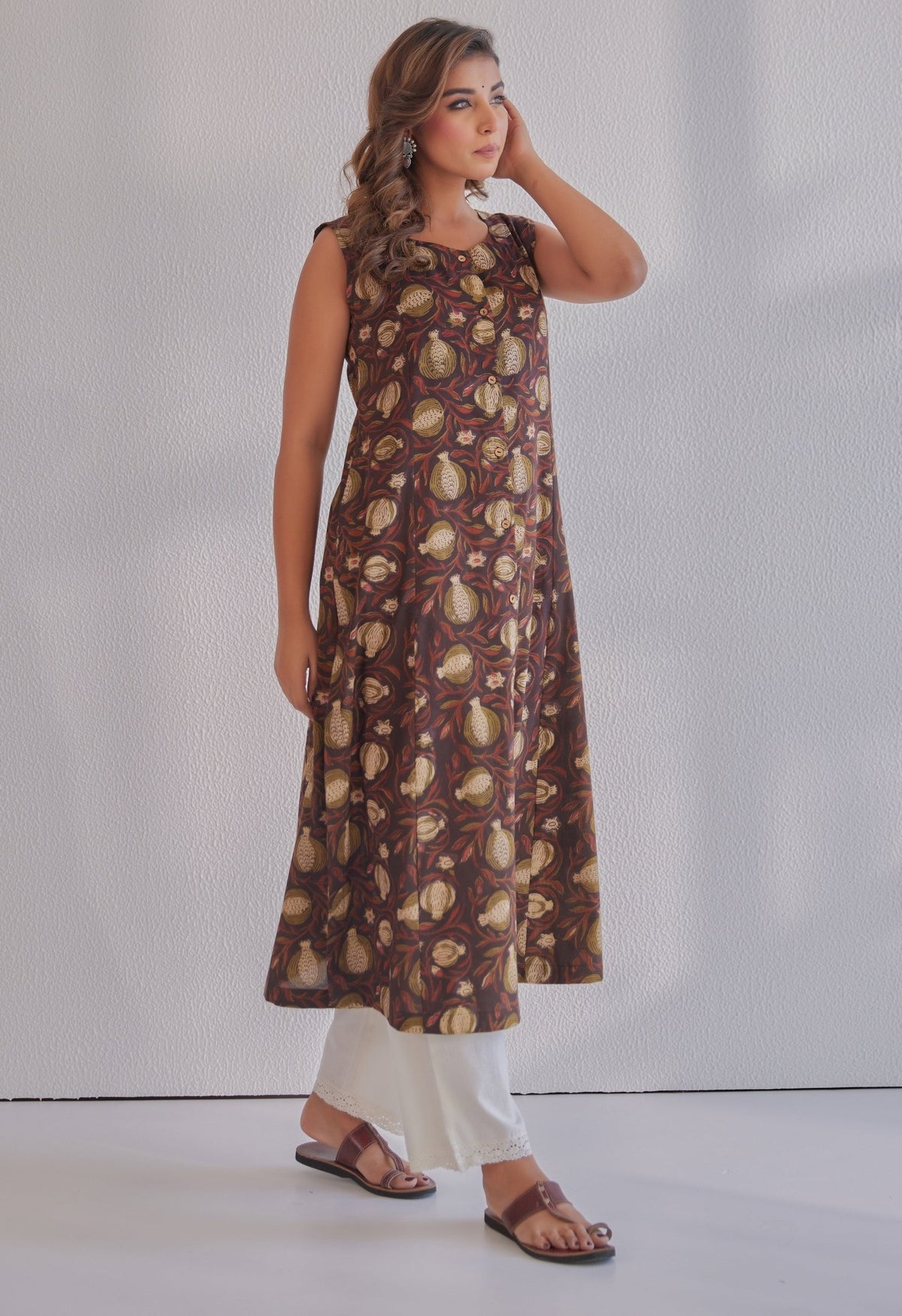 Brown Jahota Hand Block Printed Cotton Sleeveless Kurta - Tara - C - Tara