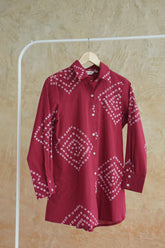 Burgundy Bandhej Geometric Hand Block Printed Cotton Shirt - Tara-C-Tara