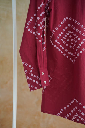 Burgundy Bandhej Geometric Hand Block Printed Cotton Shirt - Tara-C-Tara