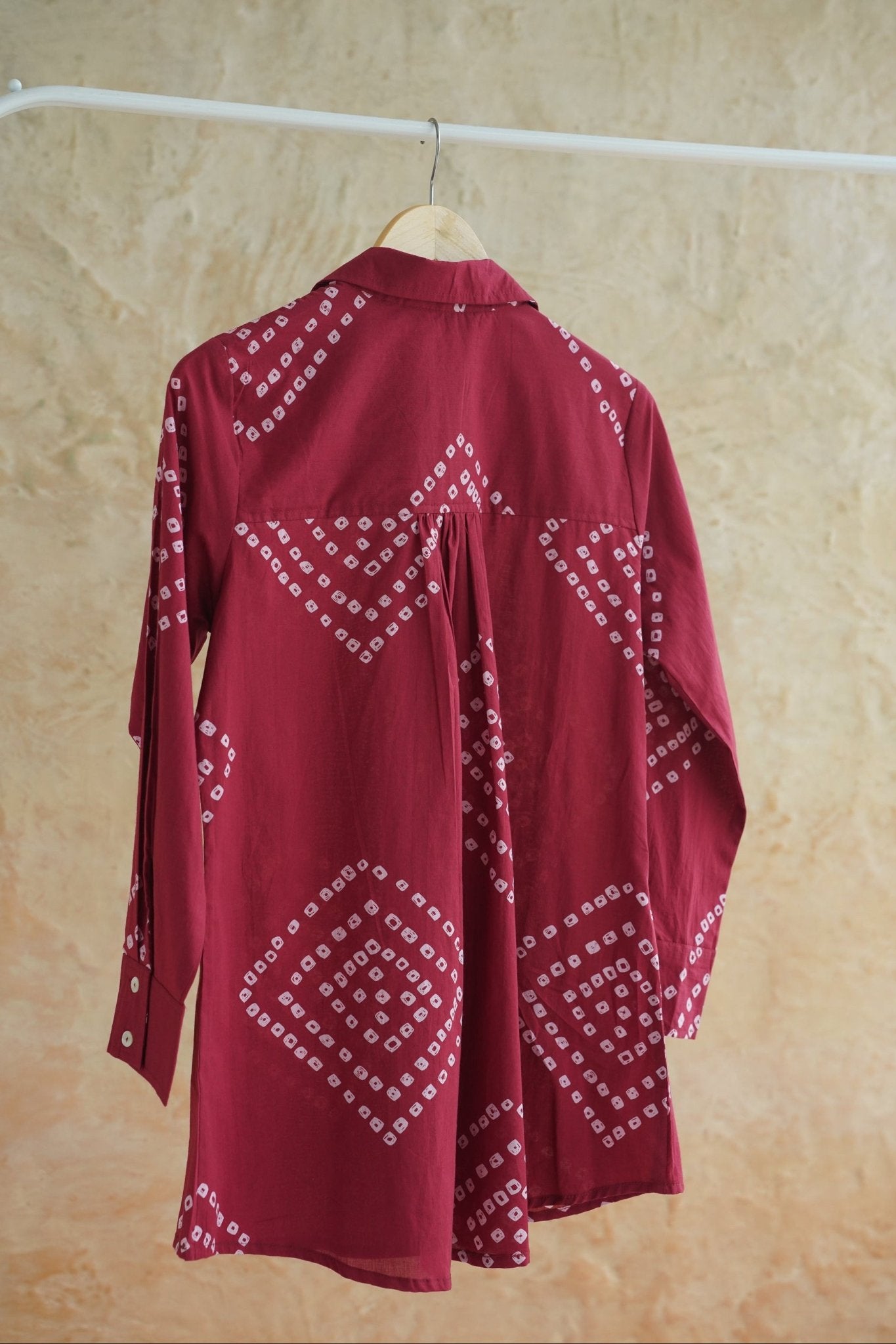 Burgundy Bandhej Geometric Hand Block Printed Cotton Shirt - Tara-C-Tara