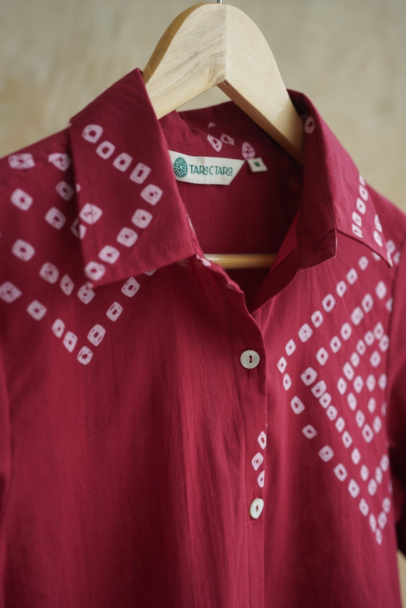 Burgundy Bandhej Geometric Hand Block Printed Cotton Shirt - Tara-C-Tara