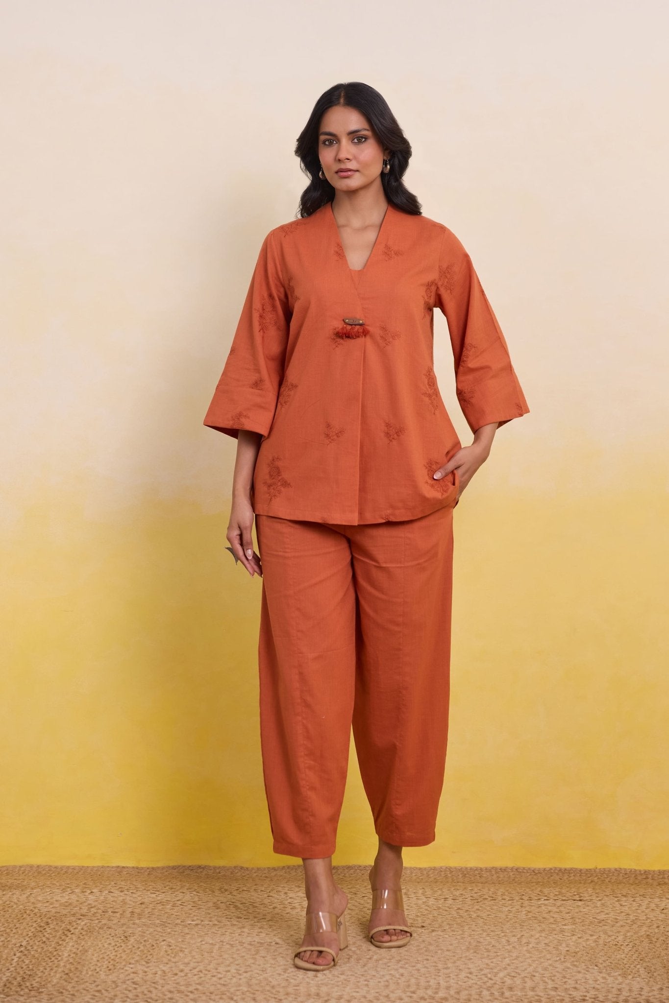 Burnt Orange Embroidered Tunic Co - ord Set - Tara - C - Tara
