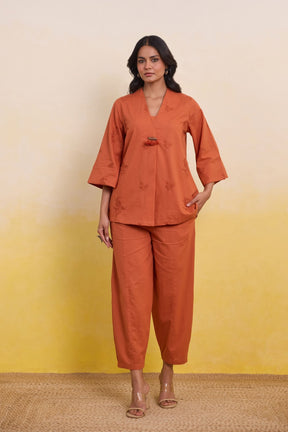 Burnt Orange Embroidered Tunic Co - ord Set - Tara - C - Tara
