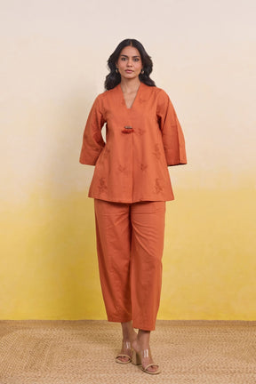 Burnt Orange Embroidered Tunic Co - ord Set - Tara - C - Tara