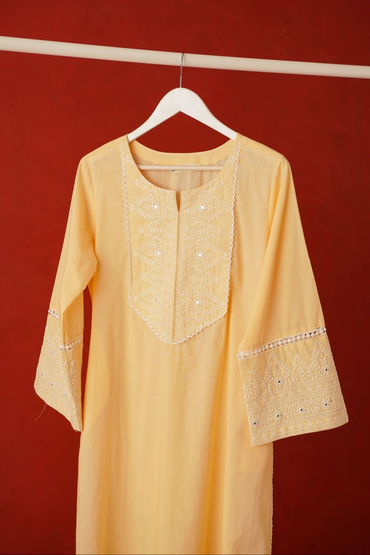 Butter Yellow Embroidered Long Cotton Kurta - Tara - C - Tara