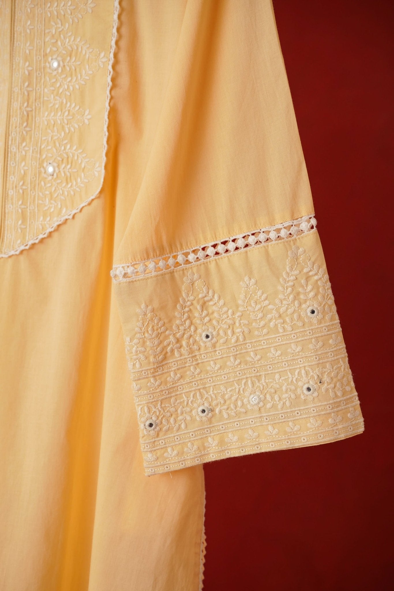 Butter Yellow Embroidered Long Cotton Kurta - Tara - C - Tara