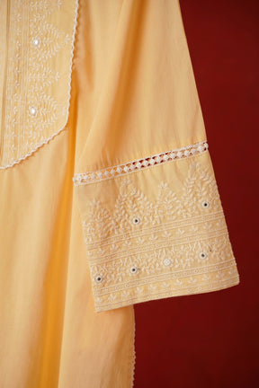 Butter Yellow Embroidered Long Cotton Kurta - Tara - C - Tara