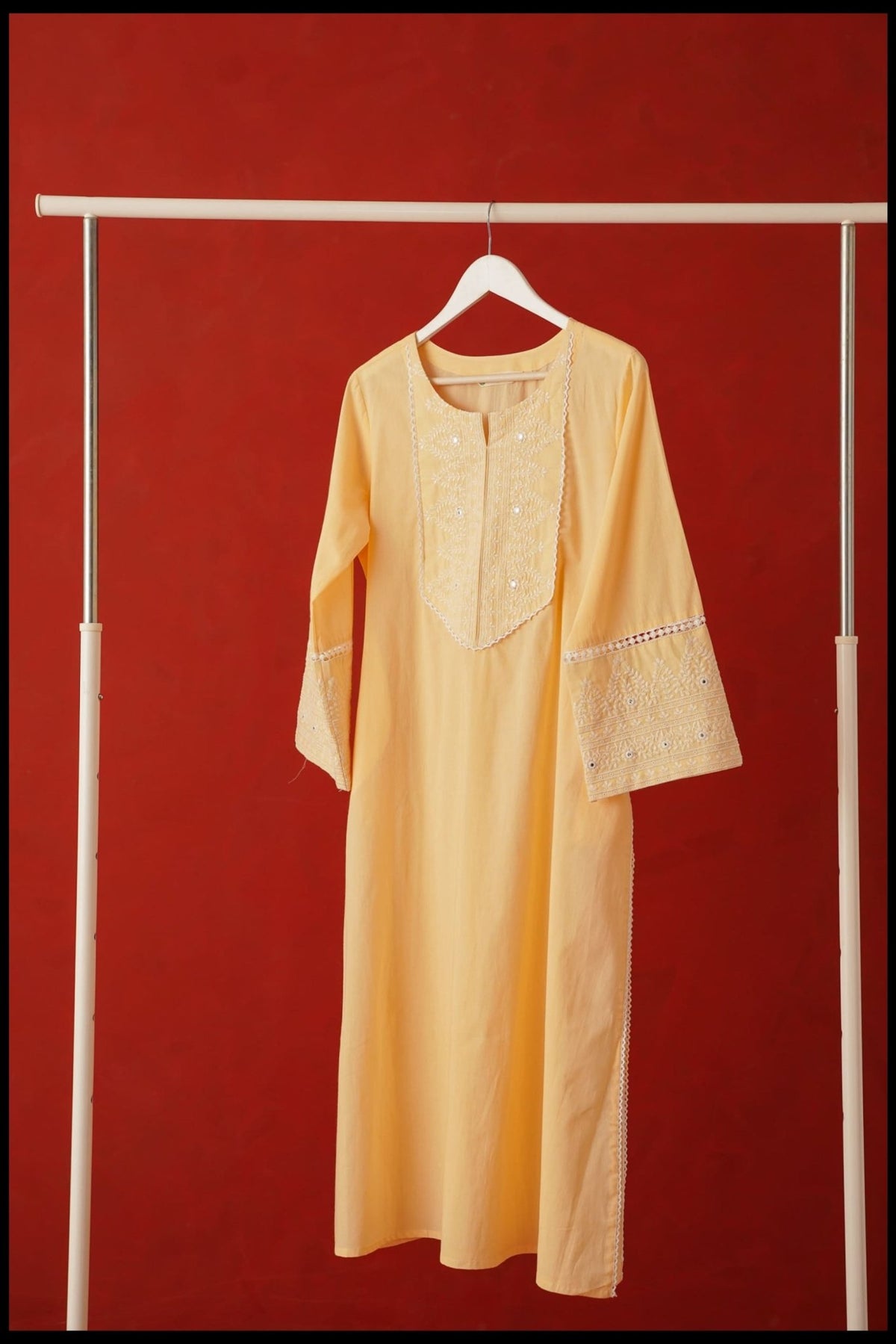 Butter Yellow Embroidered Long Cotton Kurta - Tara - C - Tara