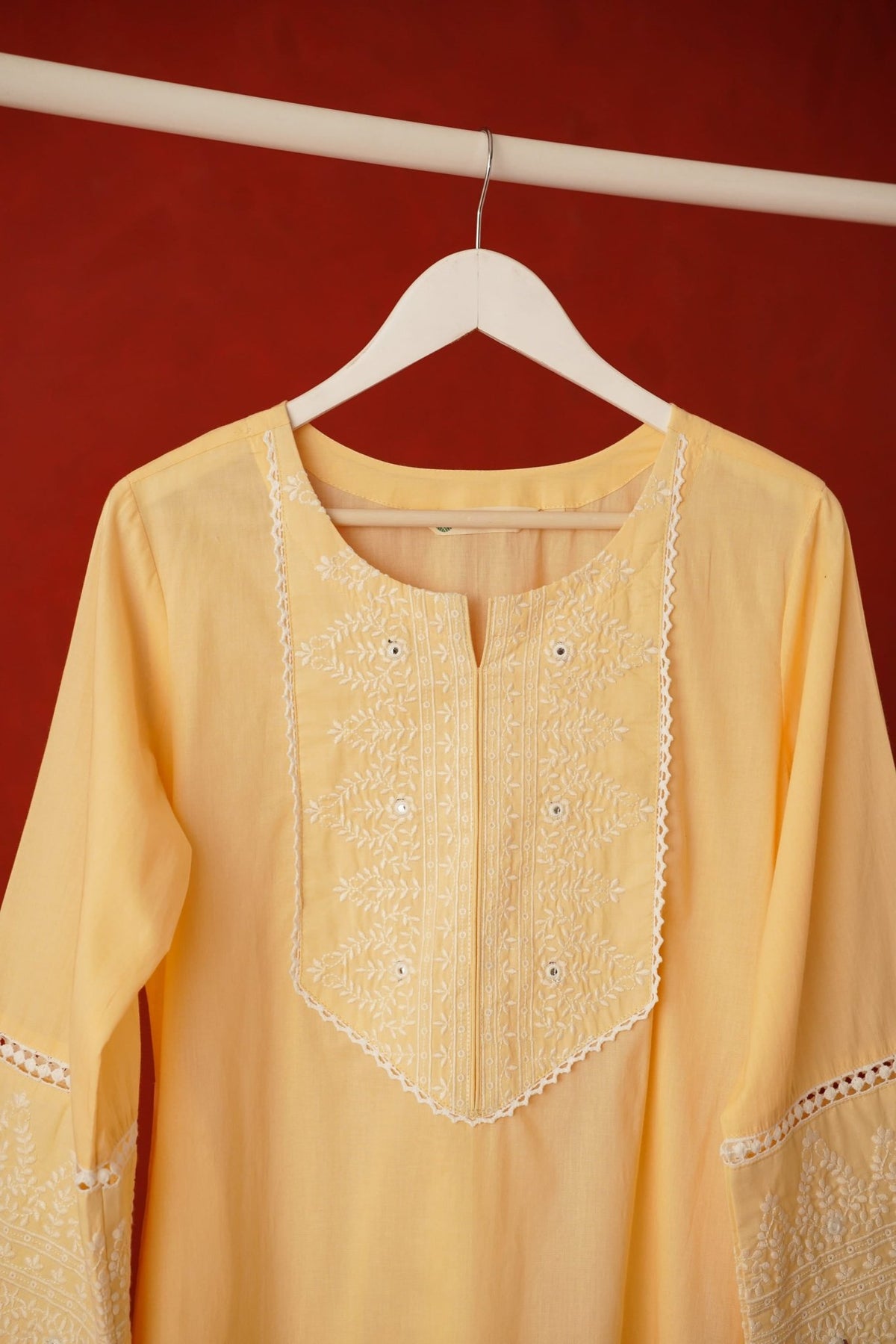 Butter Yellow Embroidered Long Cotton Kurta - Tara - C - Tara