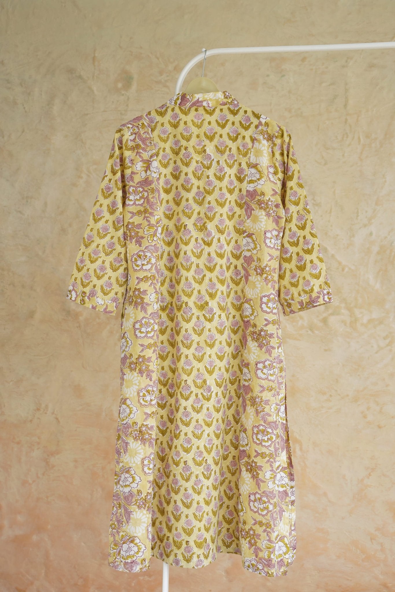 Butter Yellow Floral Hand Block Printed Cotton Kurta - Tara-C-Tara