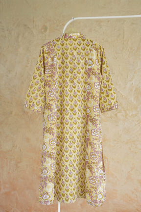 Butter Yellow Floral Hand Block Printed Cotton Kurta - Tara-C-Tara