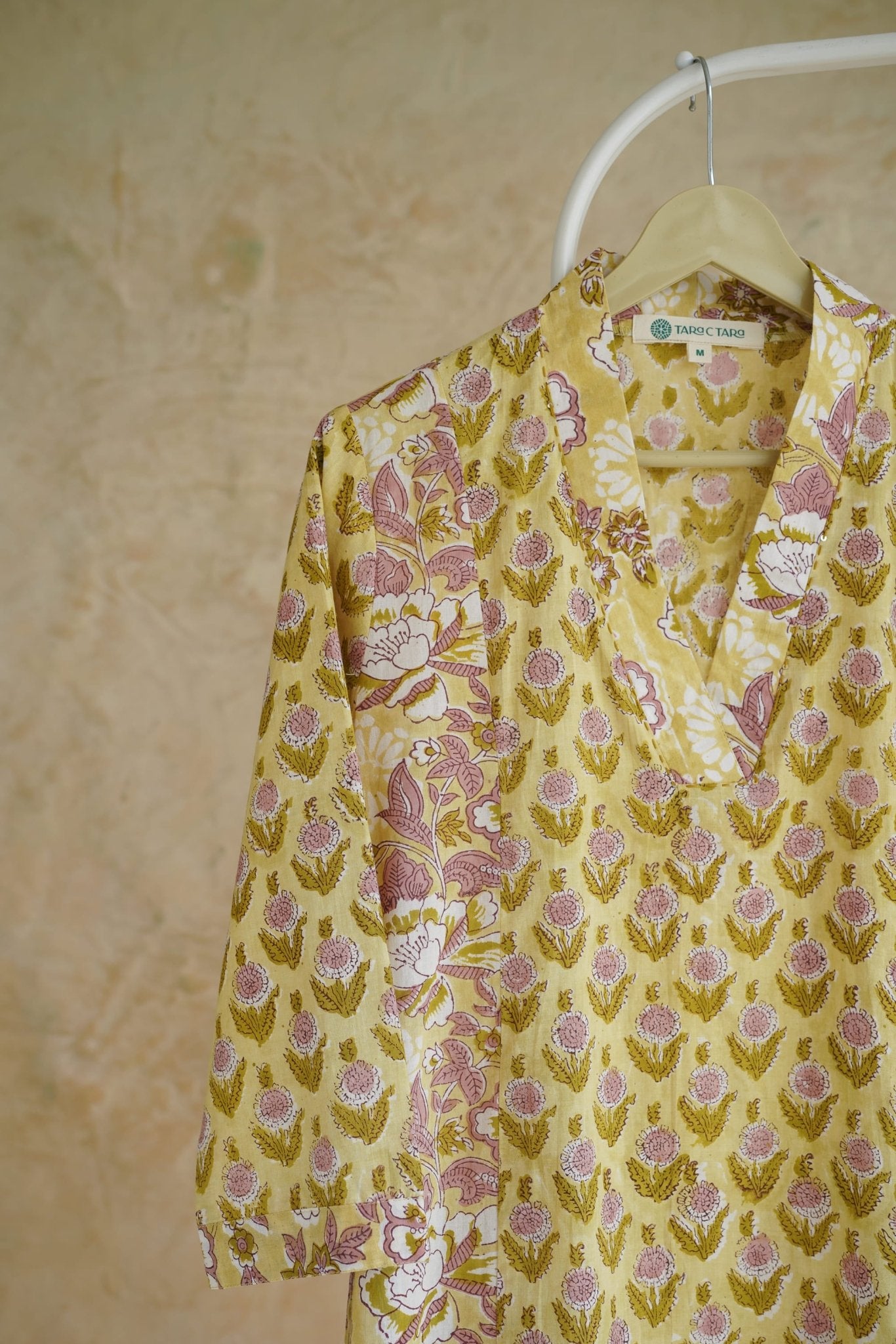 Butter Yellow Floral Hand Block Printed Cotton Kurta - Tara-C-Tara