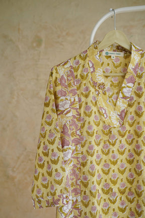 Butter Yellow Floral Hand Block Printed Cotton Kurta - Tara-C-Tara