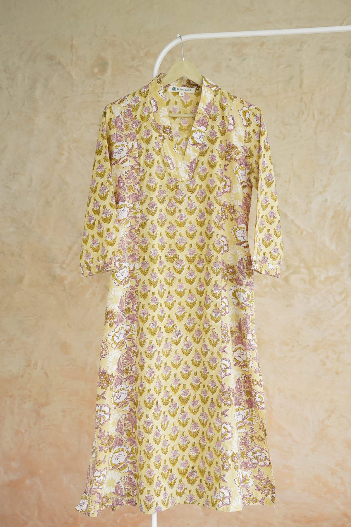 Butter Yellow Floral Hand Block Printed Cotton Kurta - Tara-C-Tara