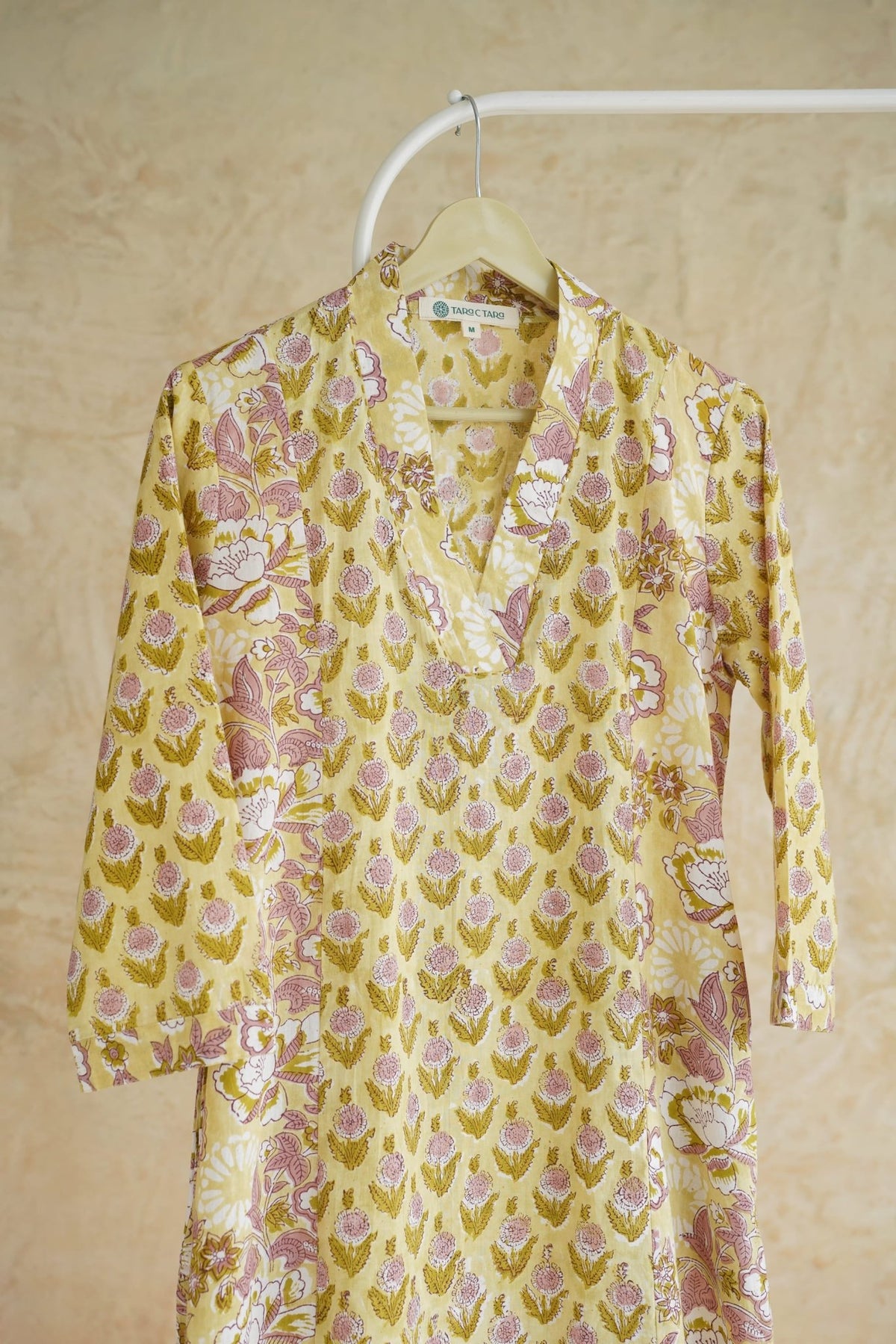 Butter Yellow Floral Hand Block Printed Cotton Kurta - Tara-C-Tara
