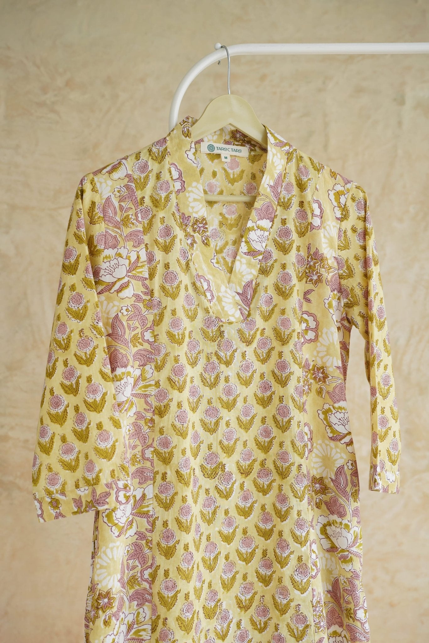 Butter Yellow Floral Hand Block Printed Cotton Kurta - Tara-C-Tara