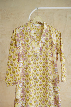 Butter Yellow Floral Hand Block Printed Cotton Kurta - Tara-C-Tara
