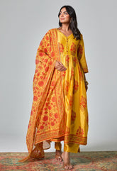 Chanderi Hand Block Printed Suit Set With Dupatta - Tara - C - Tara