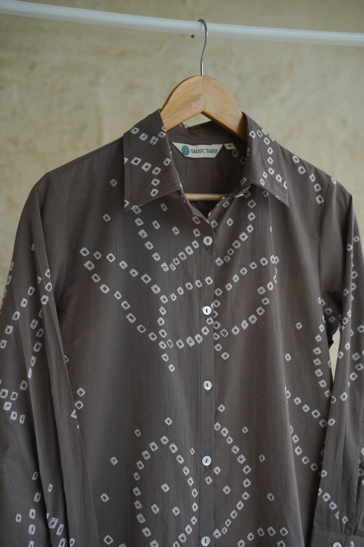 Charcoal Grey Bandhej Geometric Hand Block Printed Cotton Shirt - Tara-C-Tara