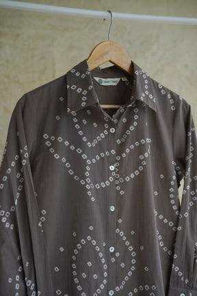 Charcoal Grey Bandhej Geometric Hand Block Printed Cotton Shirt - Tara-C-Tara