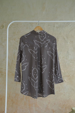 Charcoal Grey Bandhej Geometric Hand Block Printed Cotton Shirt - Tara-C-Tara