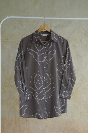Charcoal Grey Bandhej Geometric Hand Block Printed Cotton Shirt - Tara-C-Tara