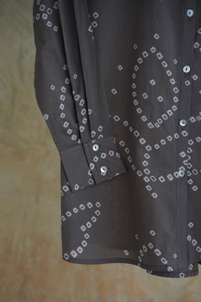 Charcoal Grey Bandhej Geometric Hand Block Printed Cotton Shirt - Tara-C-Tara