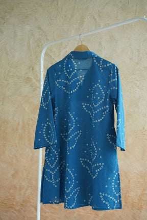 Cobalt Blue Bandhej Geometric Hand Block Printed Short Kurta - Tara-C-Tara