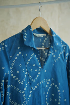 Cobalt Blue Bandhej Geometric Hand Block Printed Short Kurta - Tara-C-Tara