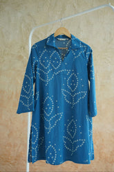Cobalt Blue Bandhej Geometric Hand Block Printed Short Kurta - Tara-C-Tara