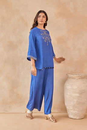 Cobalt Blue Coin-Tassel Embroidered Co-ord Set - Tara-C-Tara