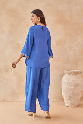 Cobalt Blue Coin-Tassel Embroidered Co-ord Set - Tara-C-Tara