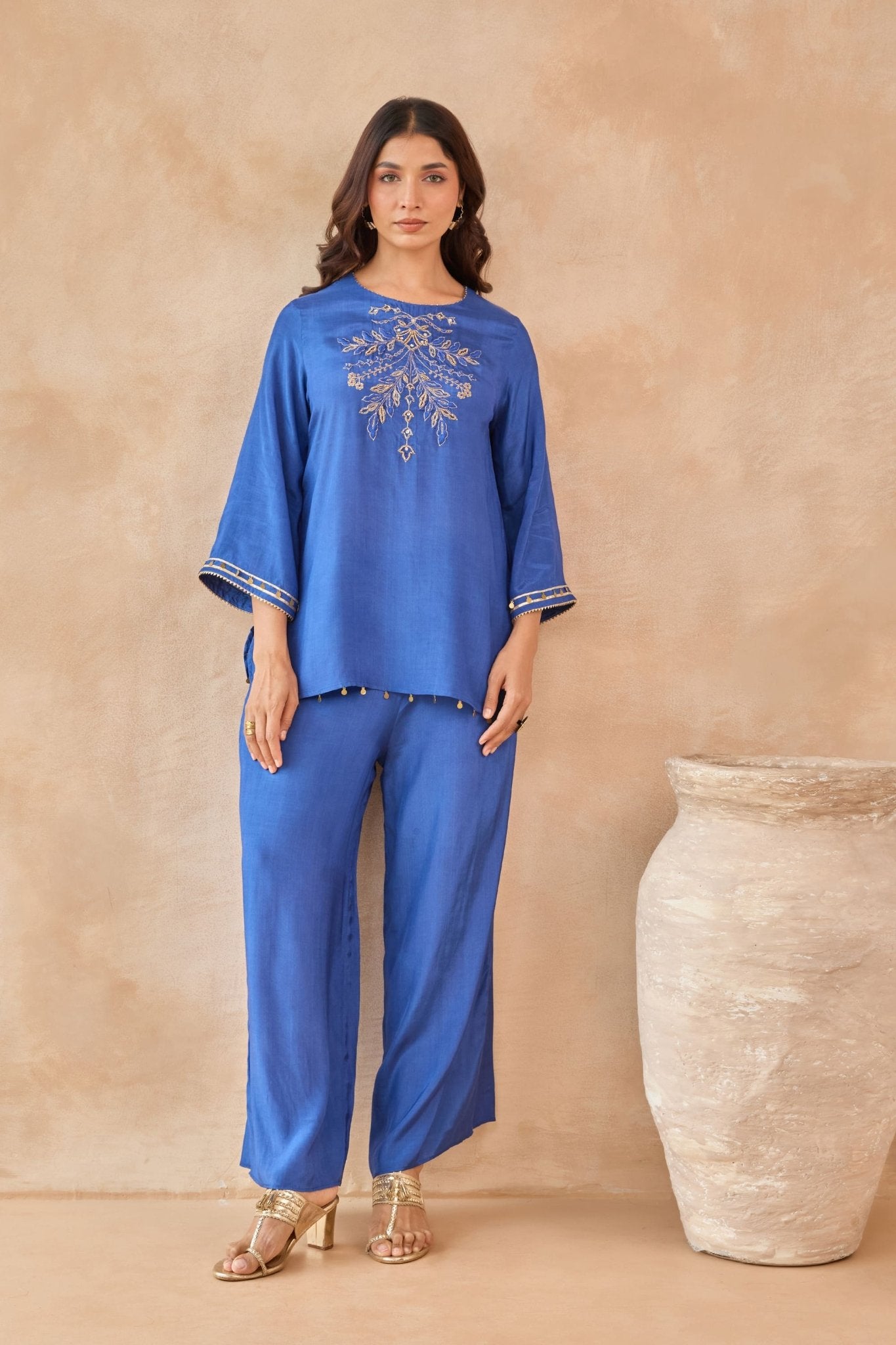 Cobalt Blue Coin-Tassel Embroidered Co-ord Set - Tara-C-Tara