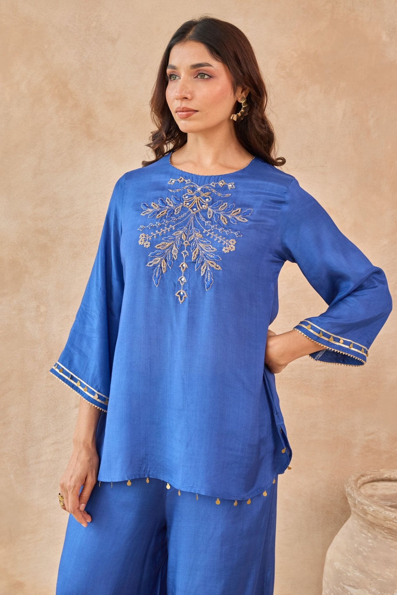 Cobalt Blue Coin-Tassel Embroidered Co-ord Set - Tara-C-Tara