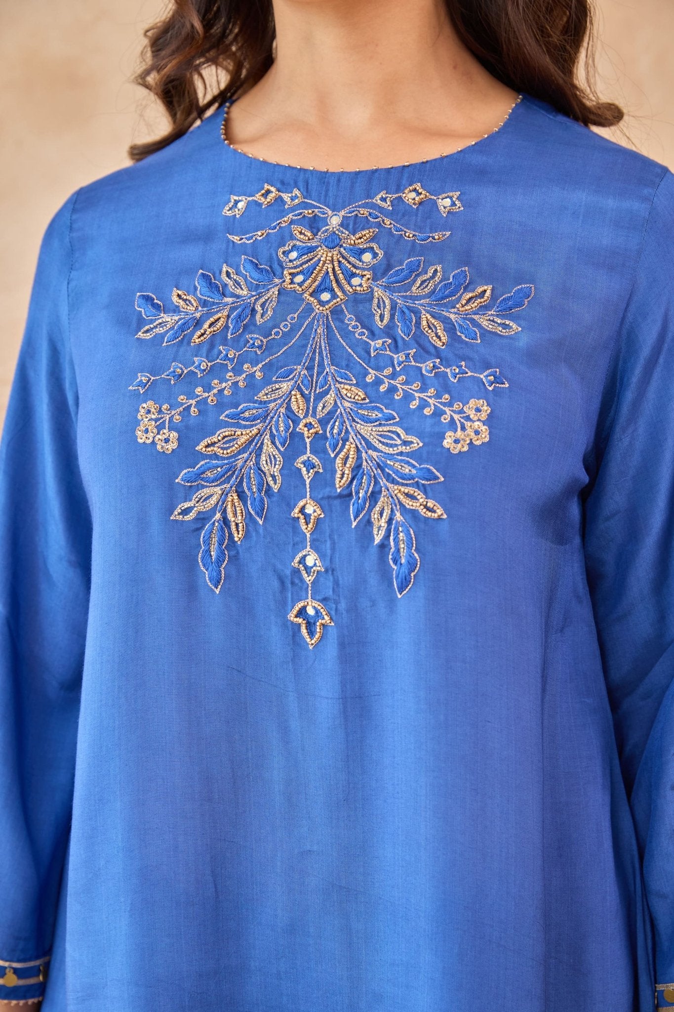 Cobalt Blue Coin-Tassel Embroidered Co-ord Set - Tara-C-Tara