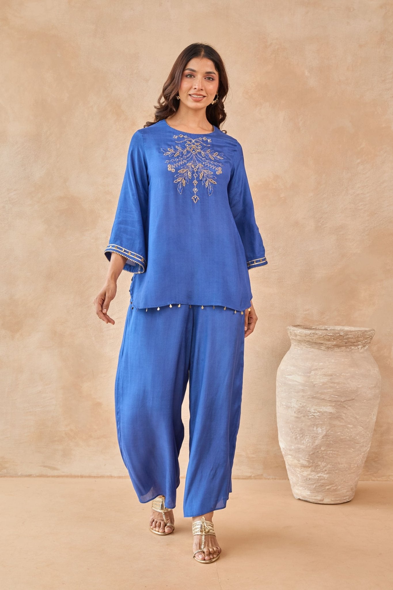 Cobalt Blue Coin-Tassel Embroidered Co-ord Set - Tara-C-Tara