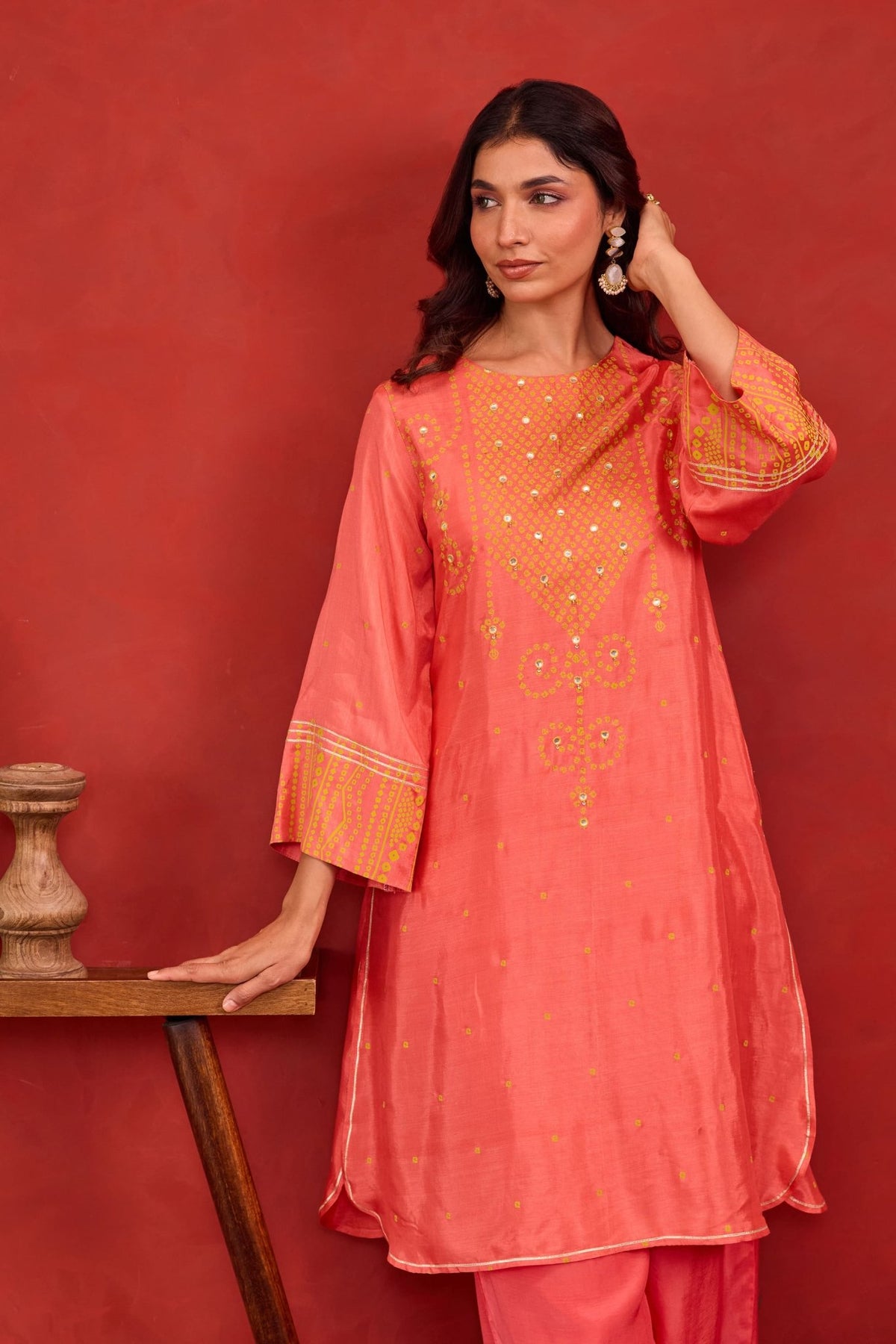 Coral Bandhani Print Embroidered Art Silk Co-ord Set - Tara-C-Tara