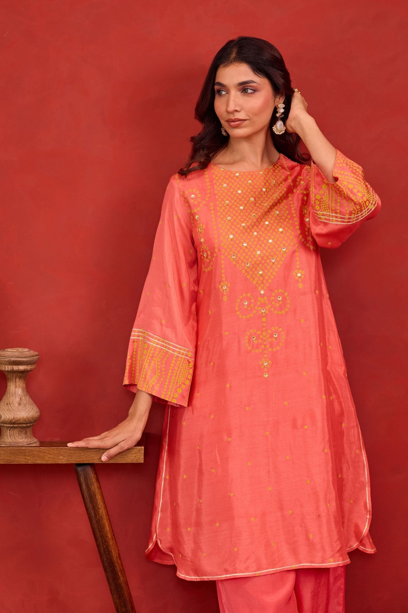 Coral Bandhani Print Embroidered Art Silk Co-ord Set - Tara-C-Tara