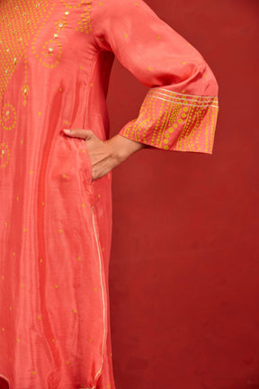 Coral Bandhani Print Embroidered Art Silk Co-ord Set - Tara-C-Tara