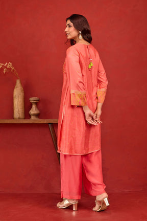 Coral Bandhani Print Embroidered Art Silk Co-ord Set - Tara-C-Tara