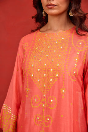 Coral Bandhani Print Embroidered Art Silk Co-ord Set - Tara-C-Tara